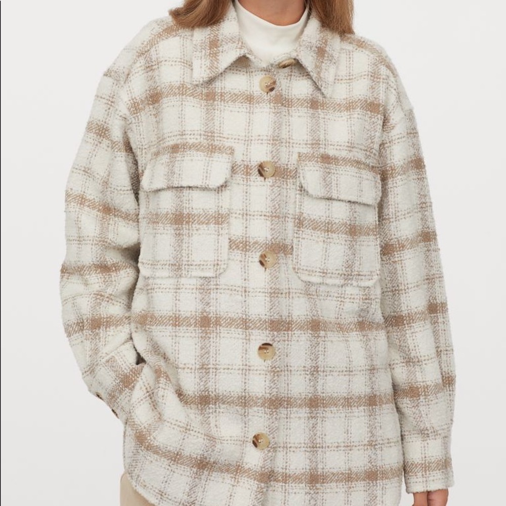 H&M Cream and Tan neutral Plaid Button-Up Shacket